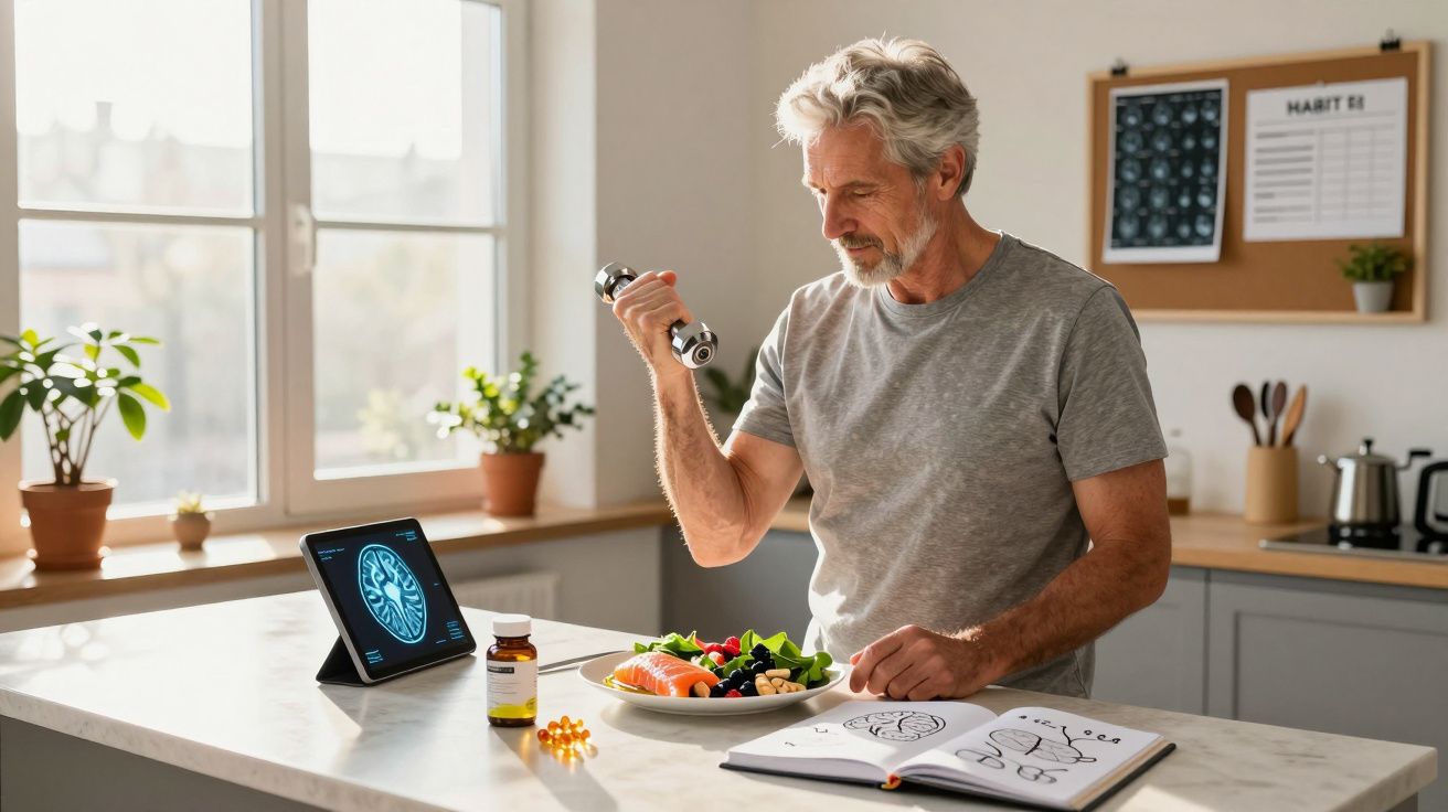Homem sénior a fazer exercício com haltere junto a uma mesa com comida saudável e suplementos na cozinha.