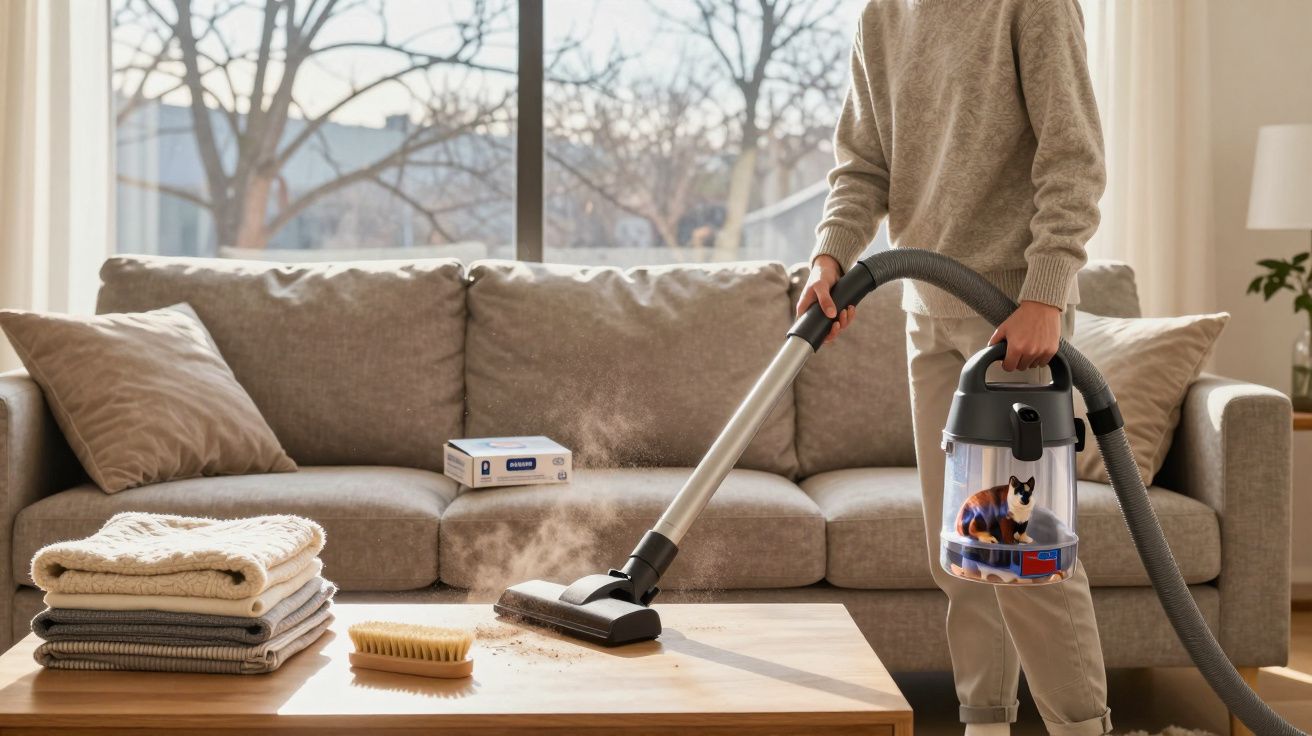 Pessoa a aspirar poeira de uma mesa de madeira numa sala com sofá cinzento e almofadas.