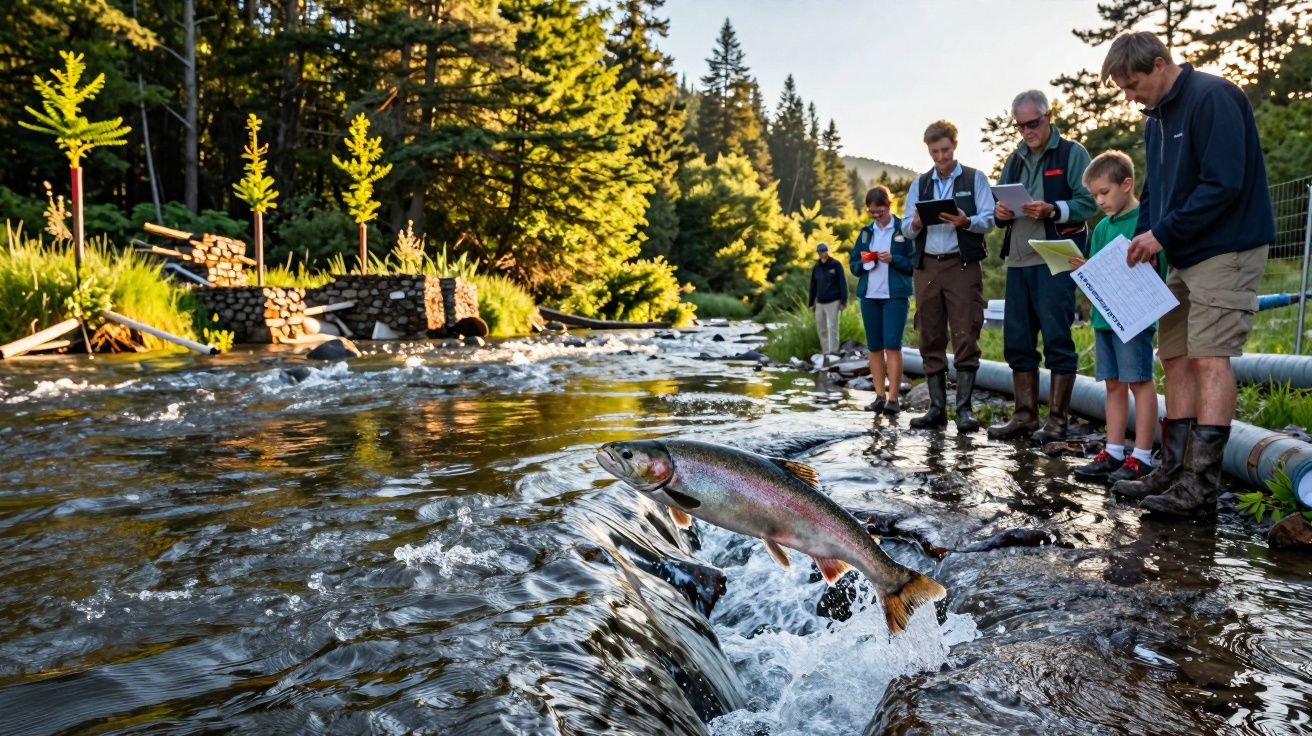 Grupo de pessoas junto a rio observa peixe a saltar numa área de floresta ao pôr do sol.