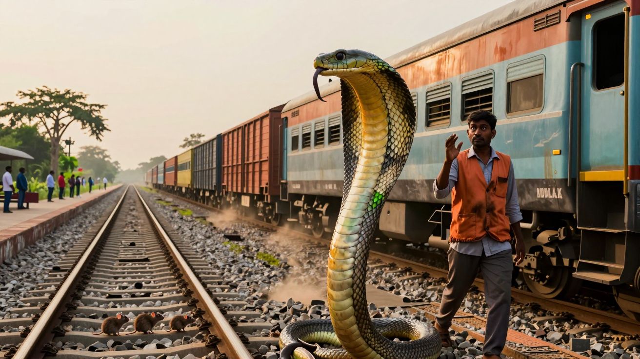 Homem caminha perto de comboio numa linha ferroviária com uma cobra-cobra gigante ao lado, cena surreal.