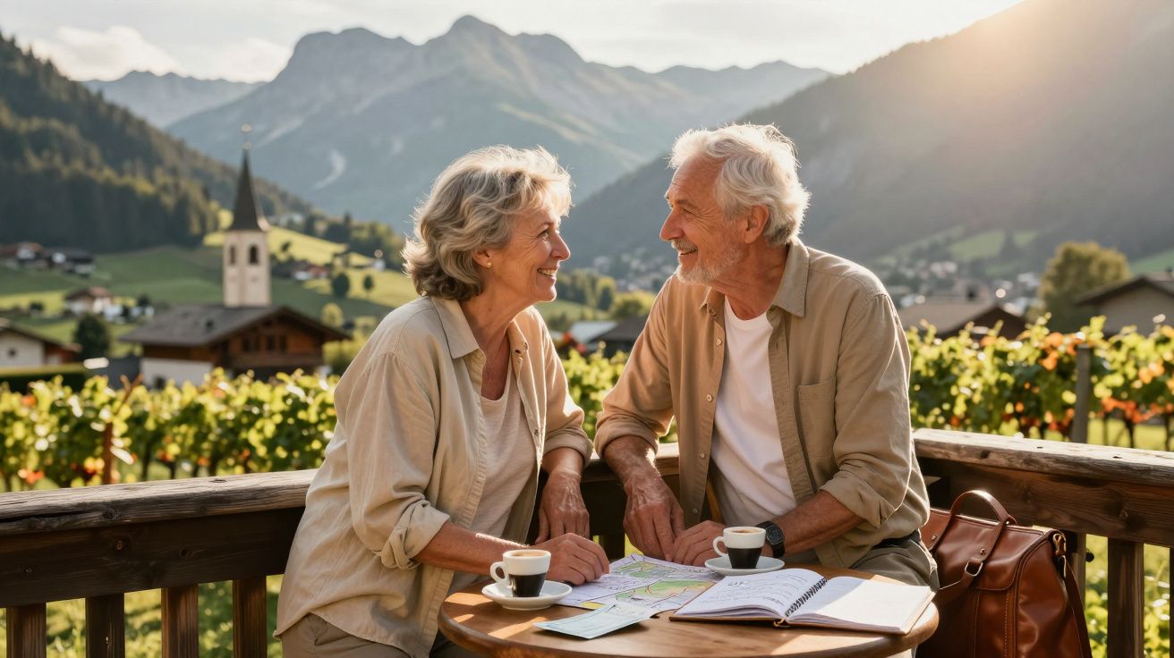 Casal sénior sentado numa varanda com café, mapas e montanhas ao fundo, sorrindo um para o outro.
