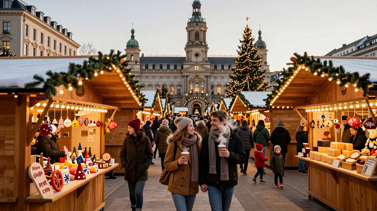 Mercado de Natal ao ar livre com barracas de madeira, pessoas a passear e árvore de Natal iluminada.