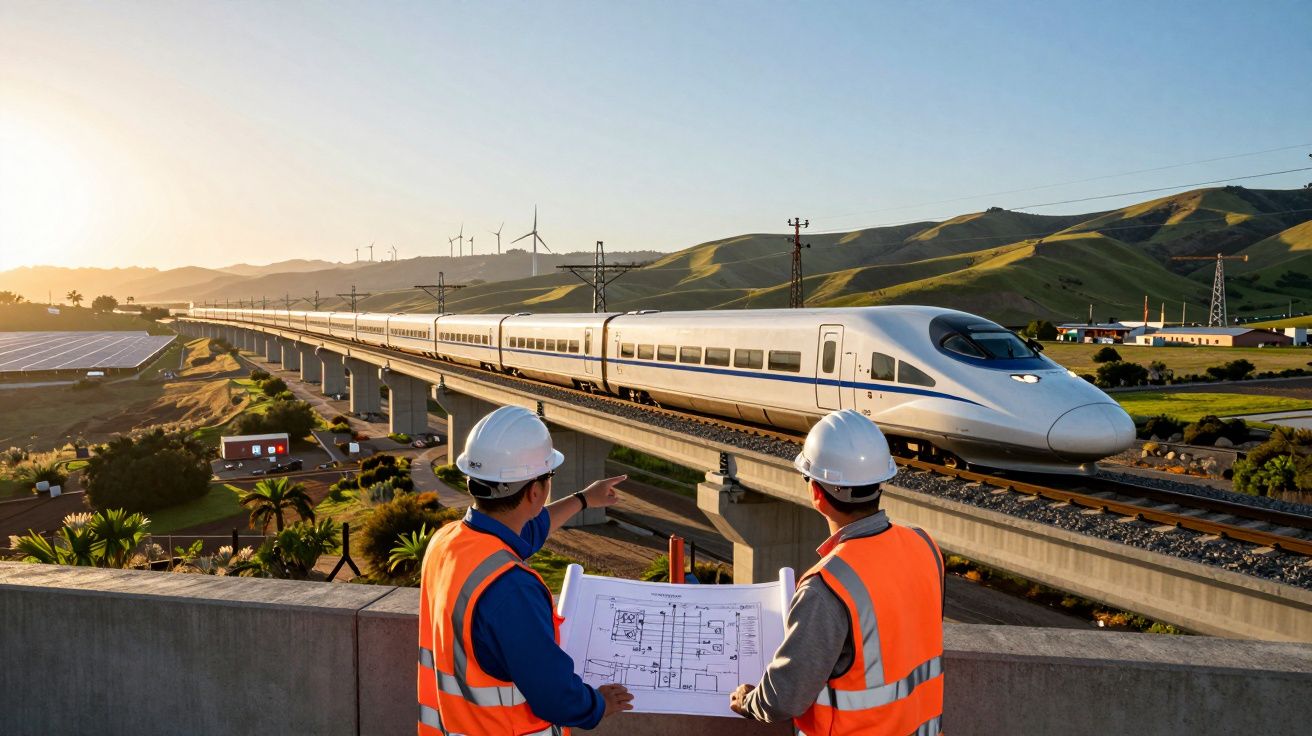 Dois engenheiros com capacetes e coletes de segurança observam um comboio de alta velocidade em viaduto ao pôr do sol.