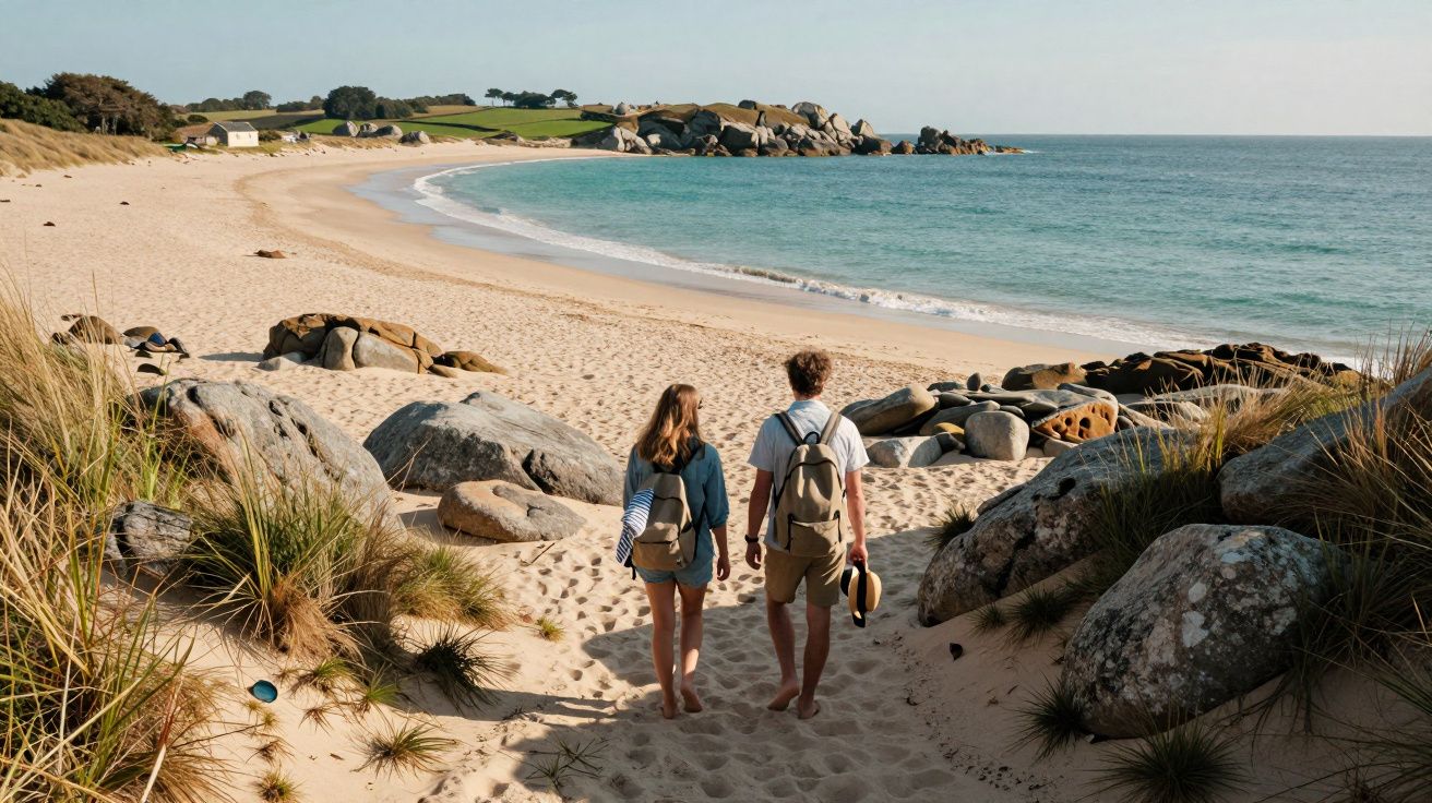 Casal jovem com mochilas a caminhar descalço na areia em direção a uma praia com rochas e mar calmo.