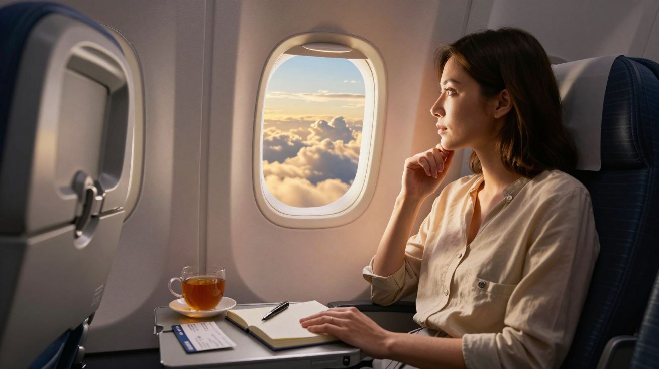 Mulher sentada em avião, olhando pela janela para o céu com nuvens, com chá e caderno à frente.