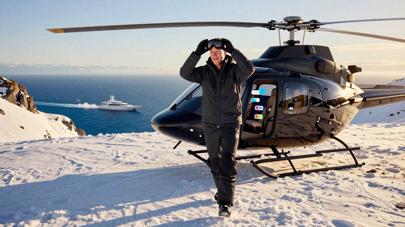 Homem com fato de neve junto a helicóptero preto pousado em montanha nevada com mar e barco ao fundo.