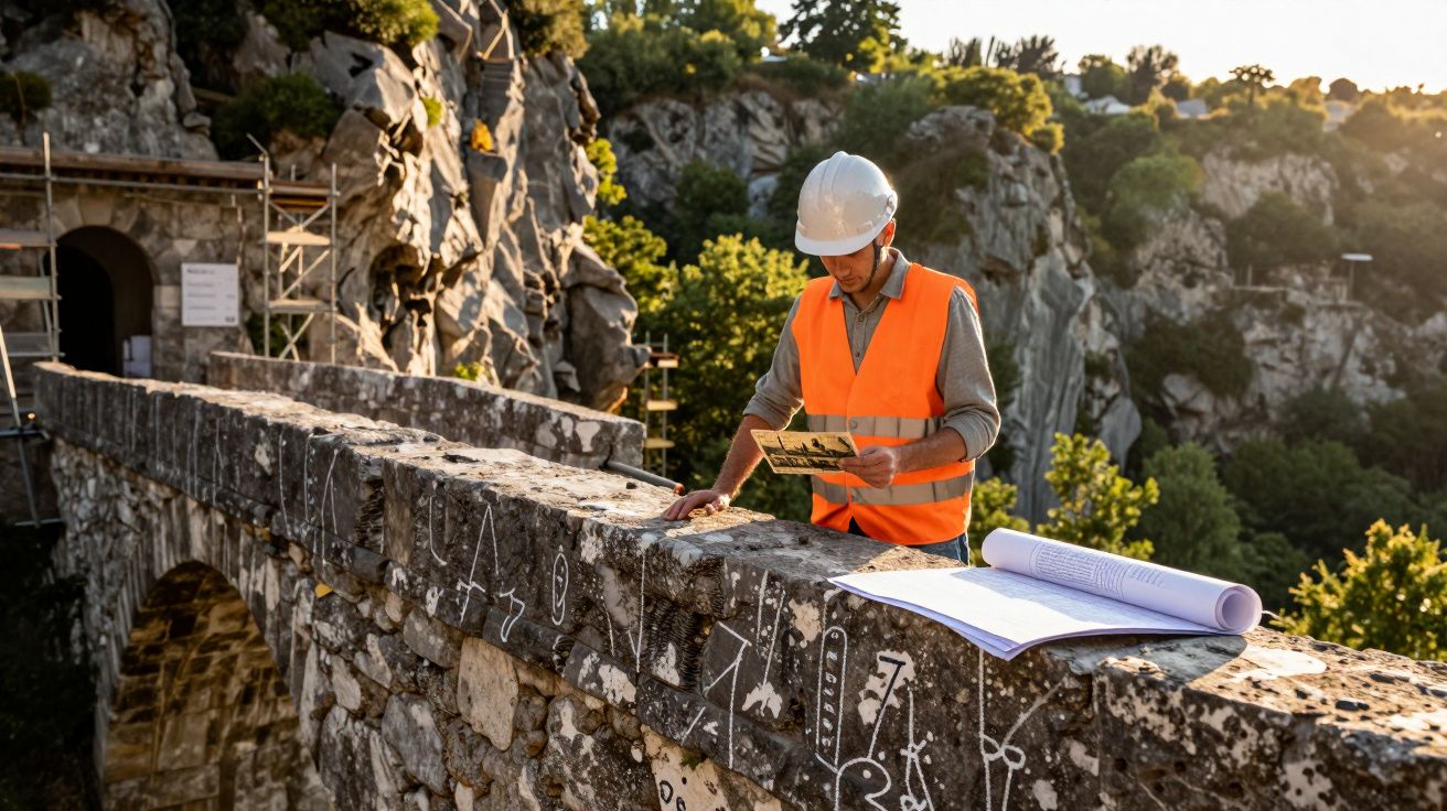 Engenheiro com colete e capacete a analisar planos num antigo viaduto de pedra com marcações brancas.