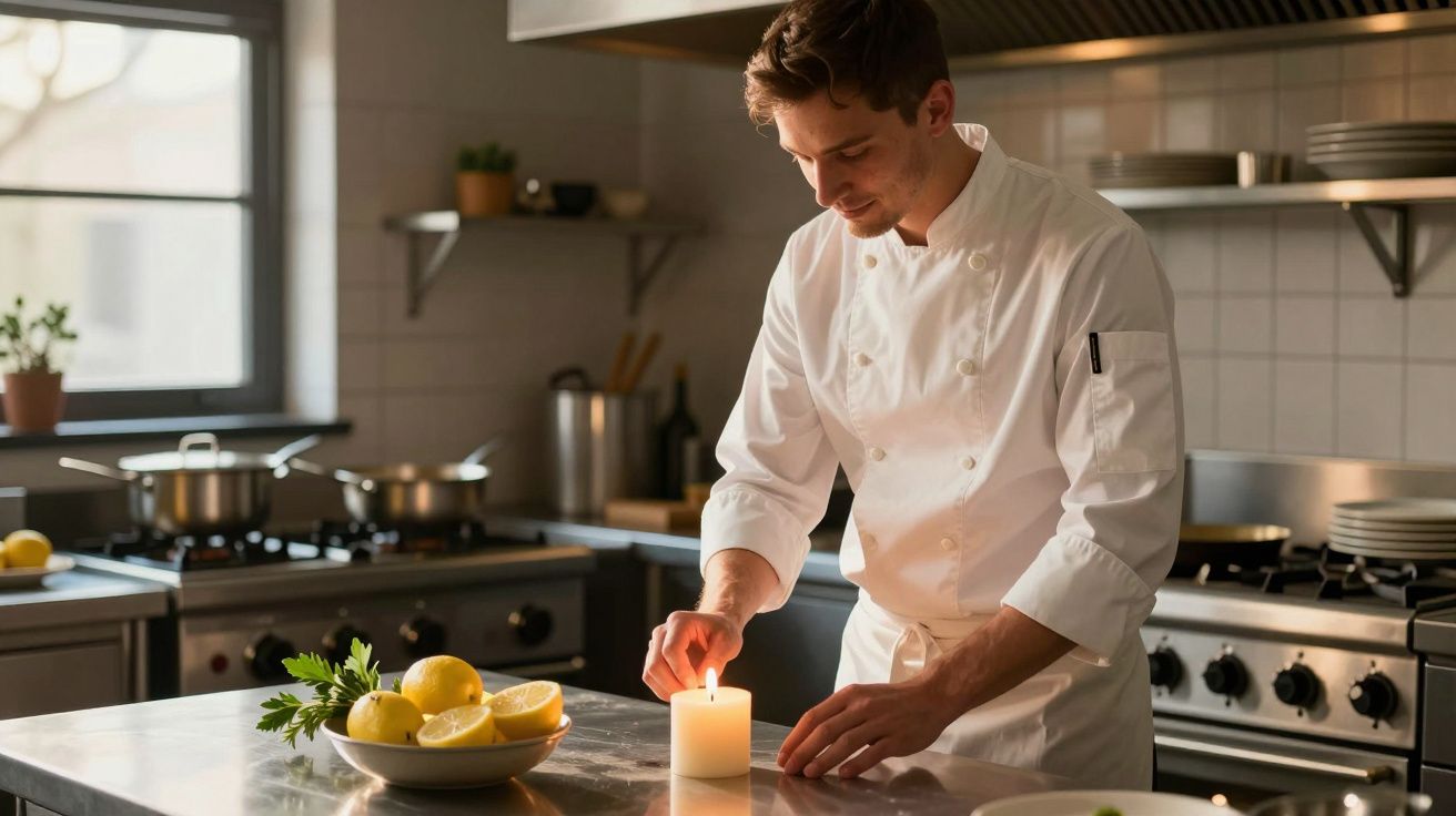 Chef acende vela sobre bancada de cozinha profissional com limões e ervas ao lado.