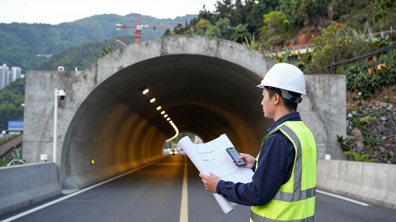 Engenheiro com colete refletor e capacete a analisar plantas perto da entrada de um túnel rodoviário.