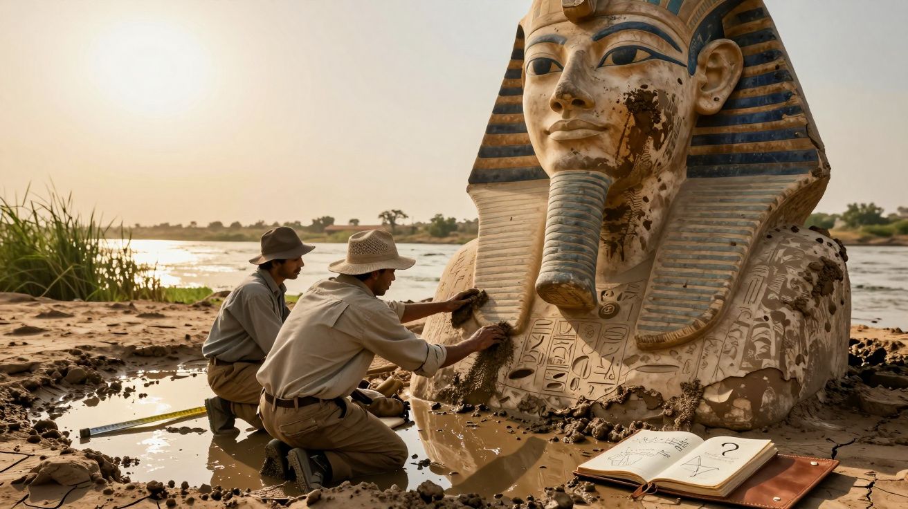 Dois arqueólogos limpam uma estátua enorme do faraó na margem arenosa de um rio ao pôr do sol.