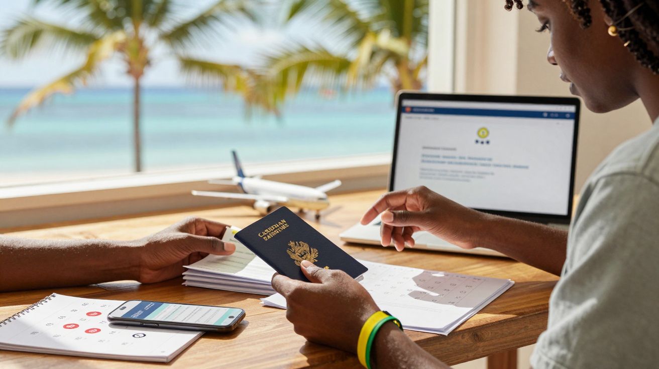 Pessoa a segurar passaporte brasileiro enquanto planifica viagem com portátil e smartphone numa mesa junto à praia.