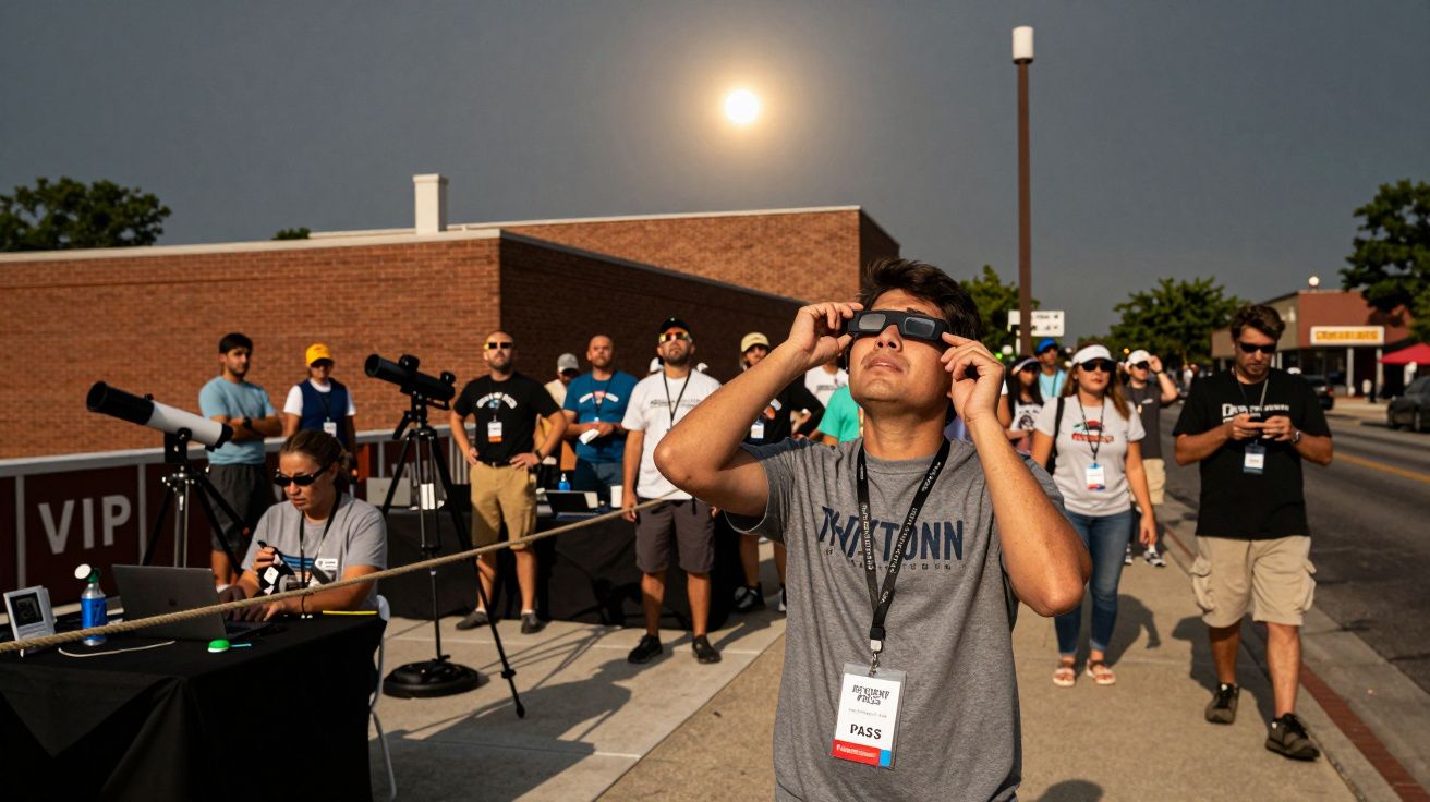 Grupo de pessoas a observar o céu com óculos de eclipse e telescópios numa rua durante o dia.