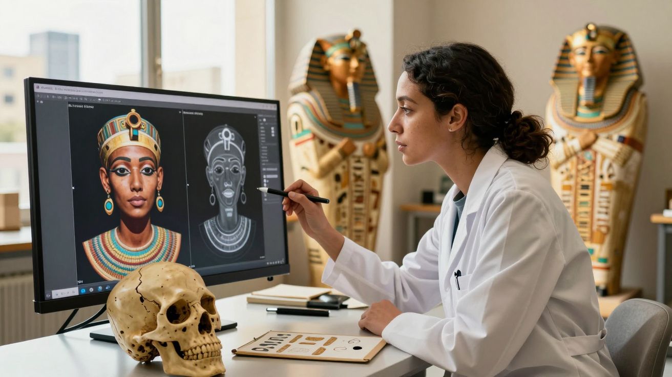 Investigadora em bata branca analisa reconstrução digital de faraó egípcio em ecrã de computador.