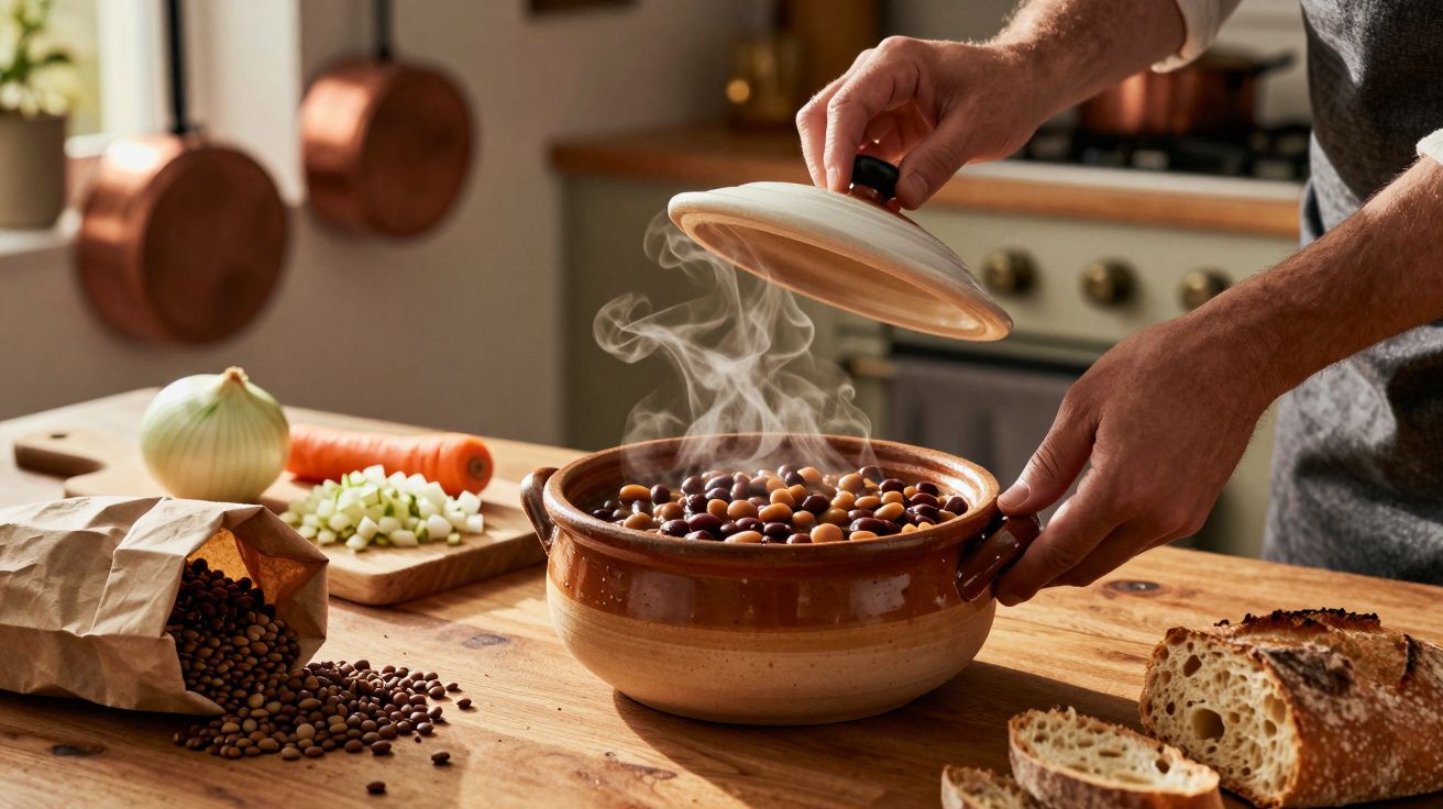 Mãos a levantar tampa de panela a vapor com feijão, cebola, cenoura, pão e legumes numa cozinha rústica.