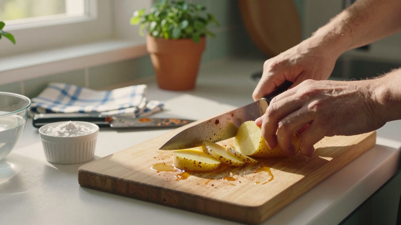 Mãos a cortar batatas temperadas numa tábua de madeira numa cozinha iluminada por luz natural.