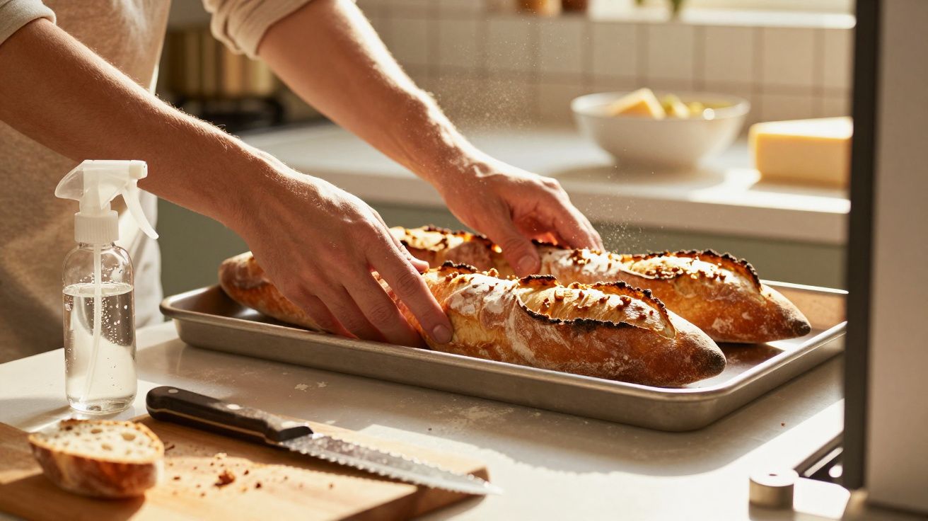 Mãos a retirar baguettes acabadas de cozer de um tabuleiro na cozinha iluminada pelo sol.