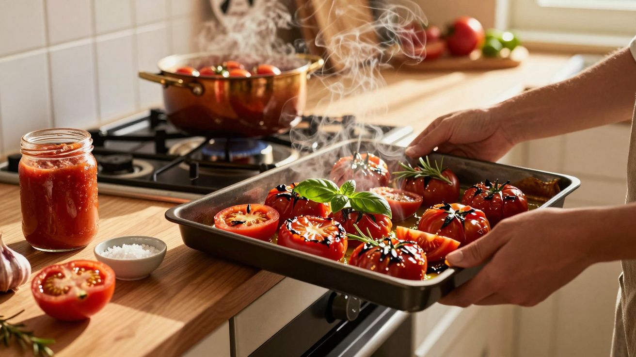Mãos a segurar tabuleiro com tomates assados a fumegar, temperados com ervas, numa cozinha com ingredientes.