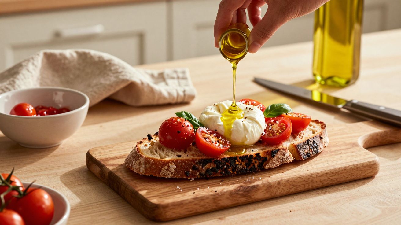 Pão rústico com tomate, mozzarella, manjericão e azeite a ser derramado numa tábua de madeira.