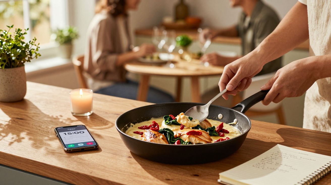Pessoa a cozinhar peito de frango com espinafres e molho cremoso numa frigideira numa cozinha espaçosa.