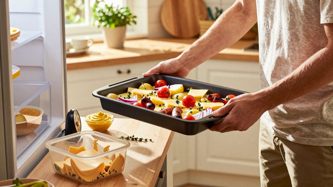 Pessoa a preparar tabuleiro com batatas, tomates e ervas numa cozinha iluminada.