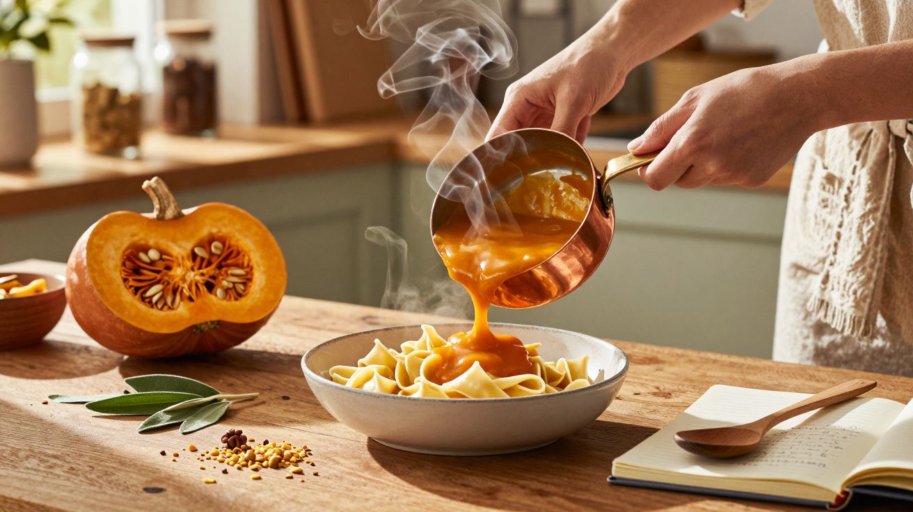 Mãos a verter molho de abóbora quente sobre massa num prato, com abóbora cortada e ervas numa cozinha acolhedora.