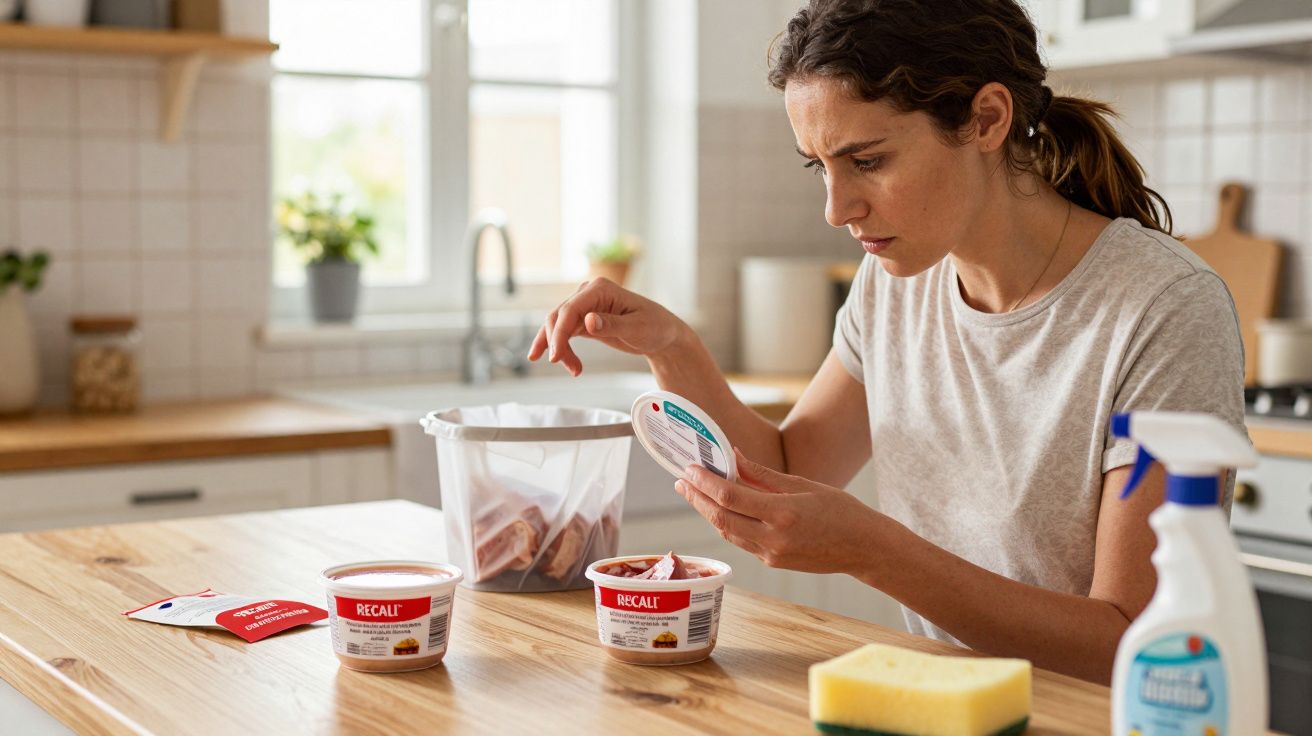 Mulher na cozinha lê rótulo de iogurte antes de deitar embalagem num balde de lixo.