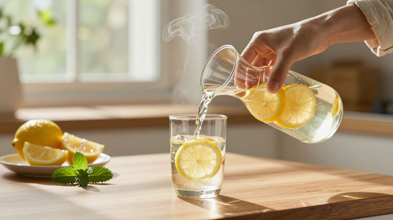 Mão a servir água com fatias de limão num copo, com limões e hortelã num prato ao fundo.