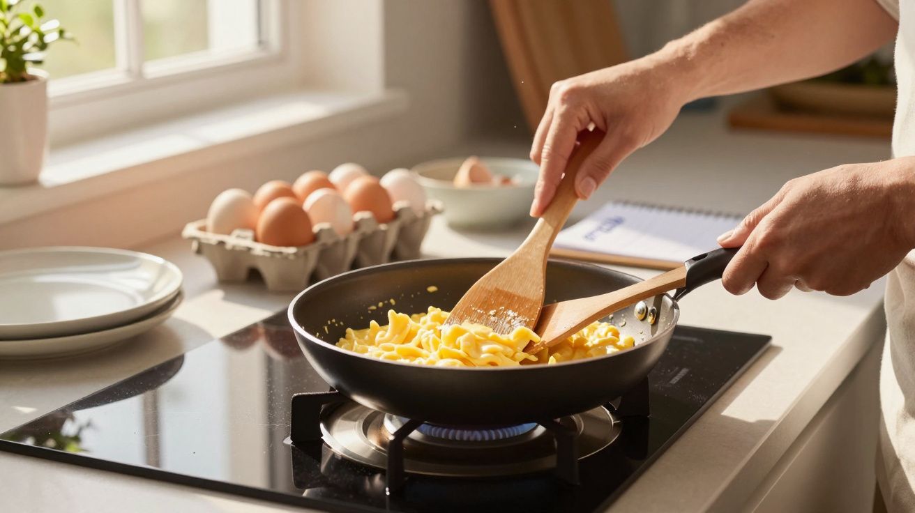 Pessoa a cozinhar ovos mexidos numa frigideira numa placa de gás, com caixa de ovos ao fundo na cozinha.