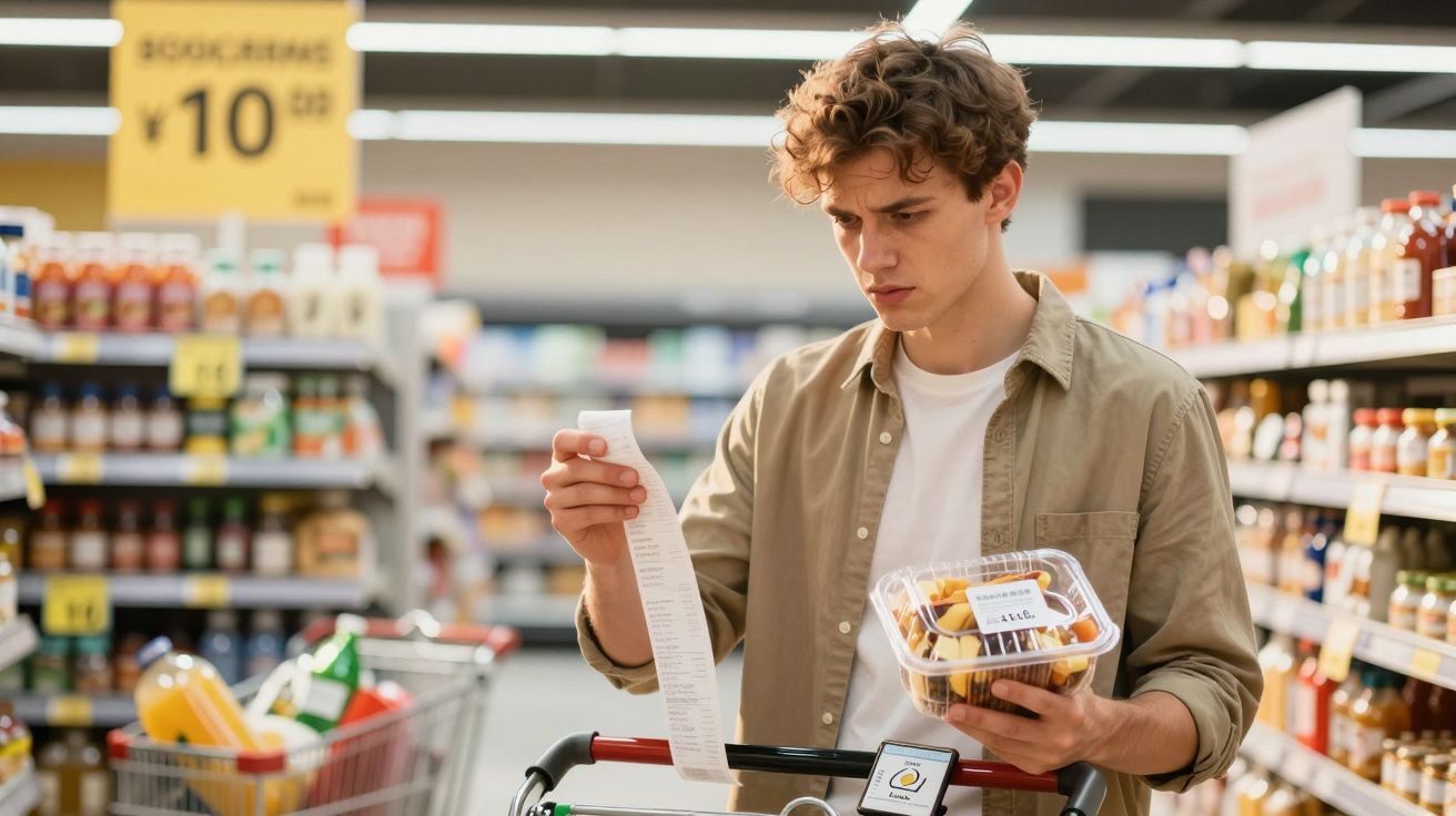 Jovem no supermercado a verificar o talão enquanto segura uma embalagem de frutas frescas.