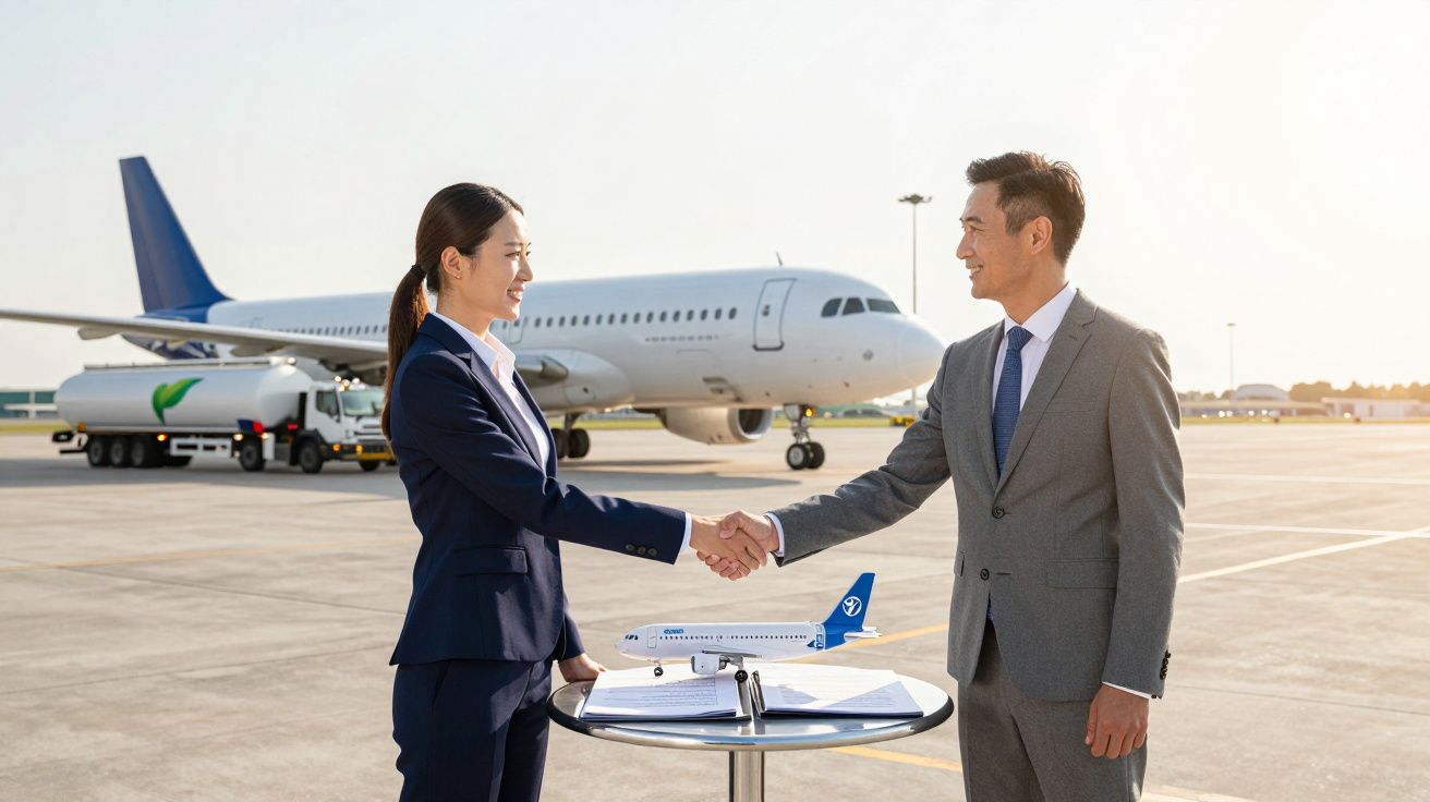 Duas pessoas a apertar as mãos num aeroporto com avião e modelo de avião numa mesa.