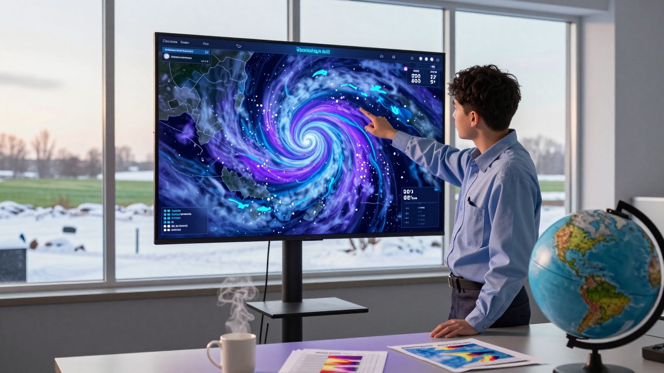 Rapaz aponta para simulação colorida de furacão num ecrã grande numa sala com janela e globo terrestre.