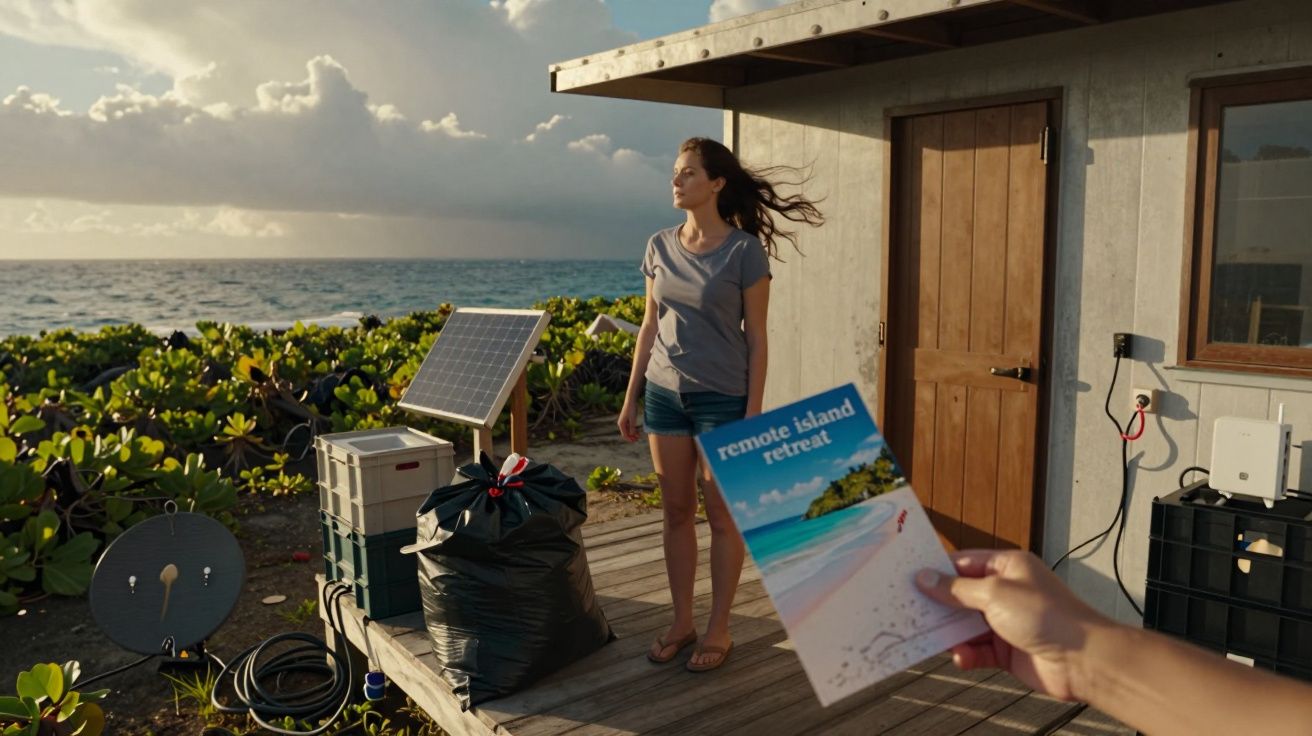 Mulher em varanda de casa isolada junto ao mar, com painéis solares e folheto de retiro numa ilha remota.