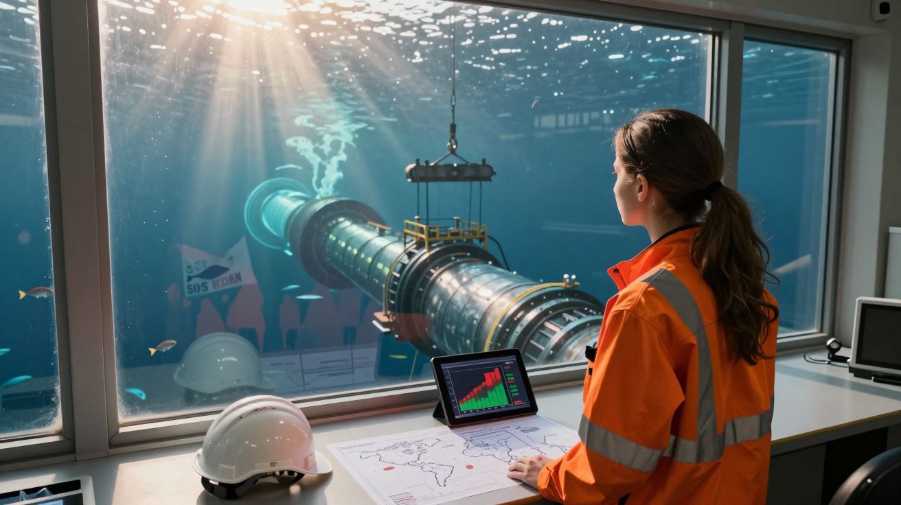 Mulher em colete de segurança observa equipamento sob o mar através de janela de controlo marítimo.