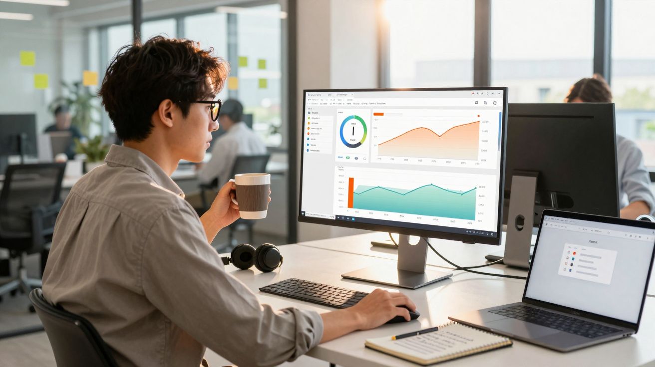 Jovem a beber café enquanto analisa gráficos financeiros num monitor, num escritório moderno e iluminado.