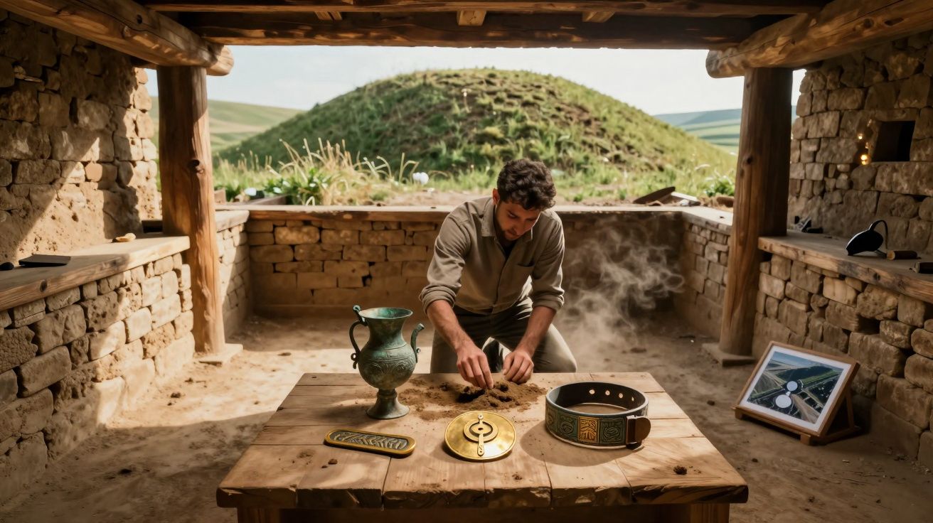 Homem a examinar artefactos antigos numa estrutura rústica com paisagem verde ao fundo.