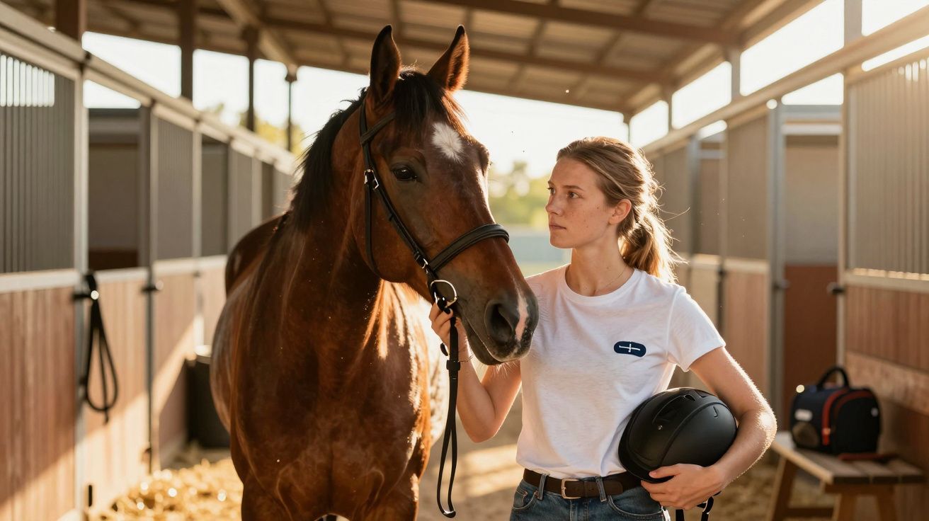 Mulher segura cavalo por cabresto dentro de cocheira, com capacete de equitação na mão.