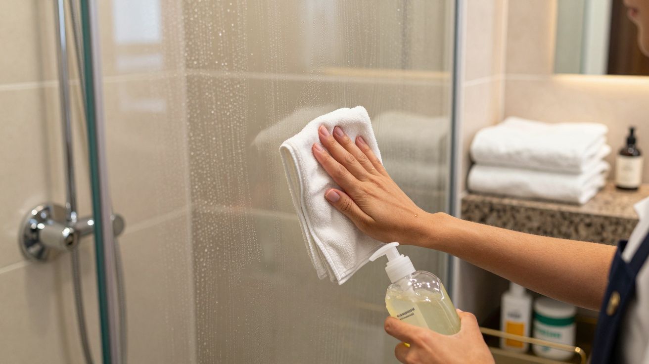 Pessoa a limpar vidro do chuveiro com pano branco e líquido de limpeza numa casa de banho.