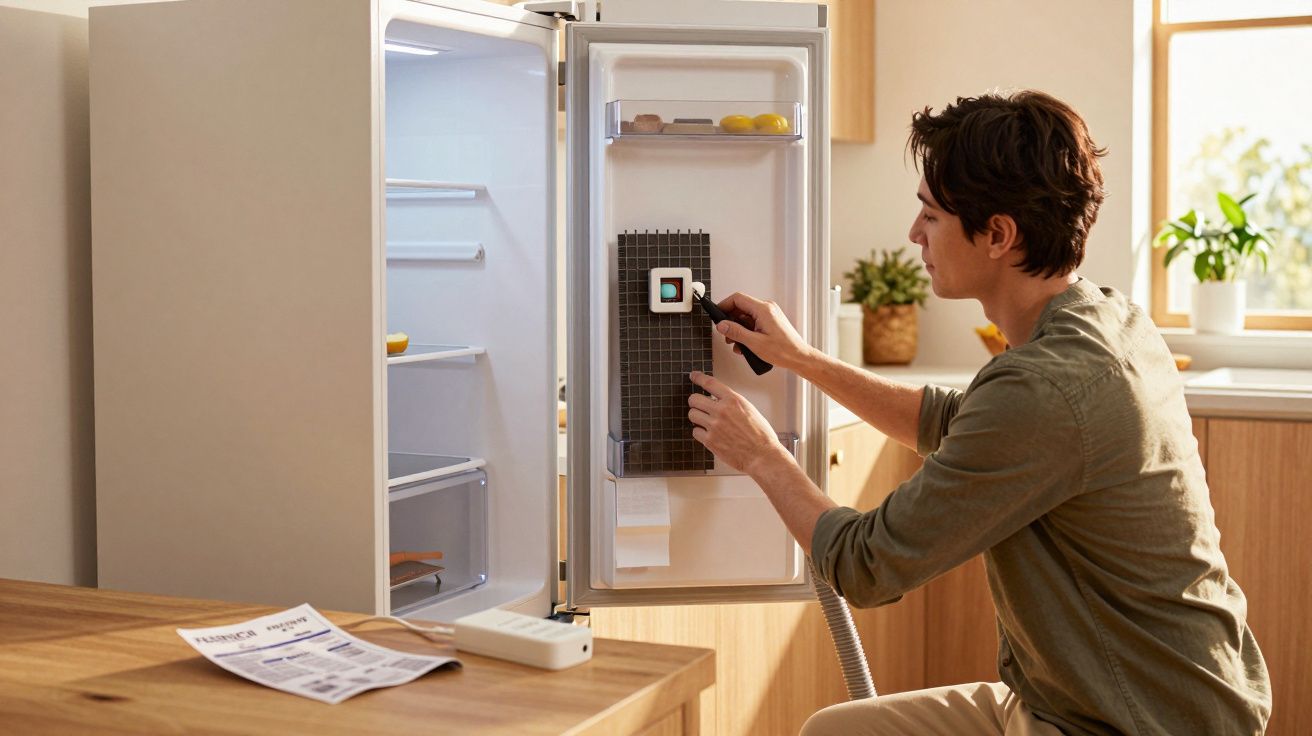 Pessoa a limpar o interior de um frigorífico com um aspirador de pó numa cozinha iluminada.