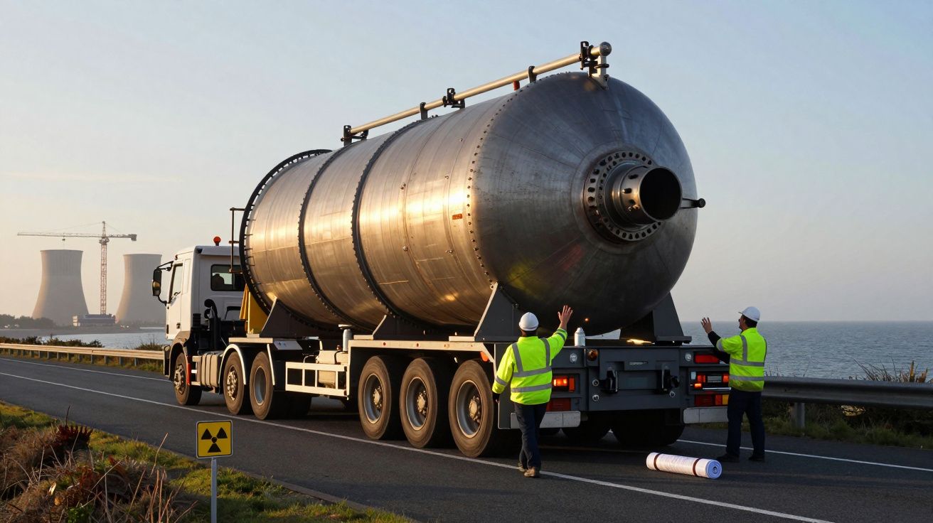 Camioneta transporta grande cilindro metálico com dois técnicos em coletes fluorescentes e capacetes a guiar.