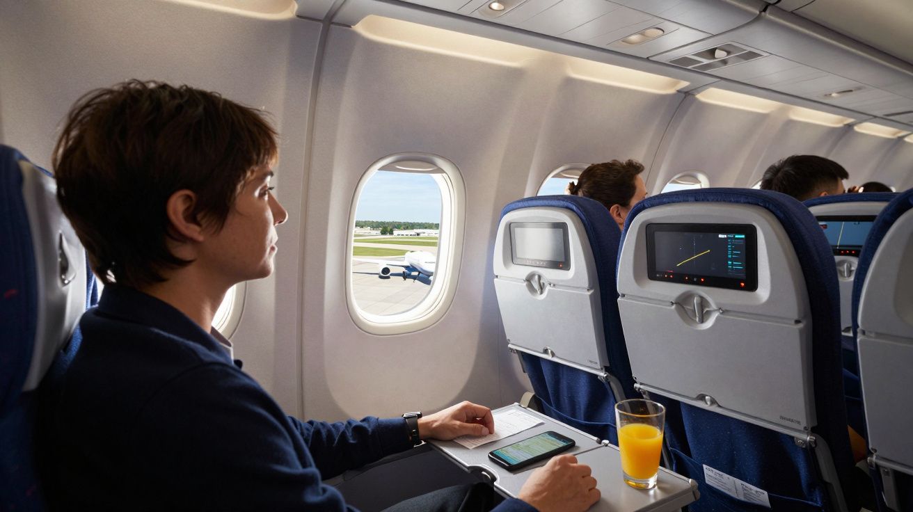 Pessoa sentada na janela de um avião com bebida e ecrã de entretenimento à frente.