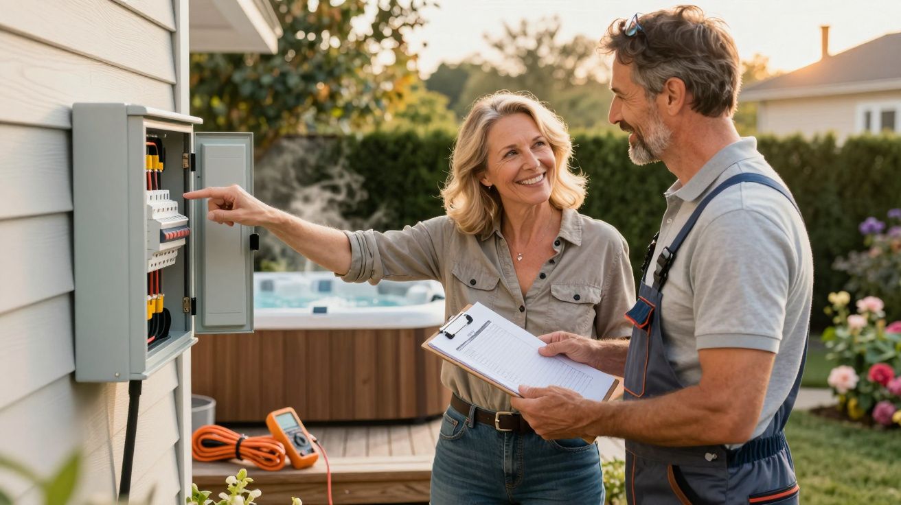 Mulher e eletricista verificam quadro elétrico numa casa, com ferramentas e apontamentos ao ar livre.