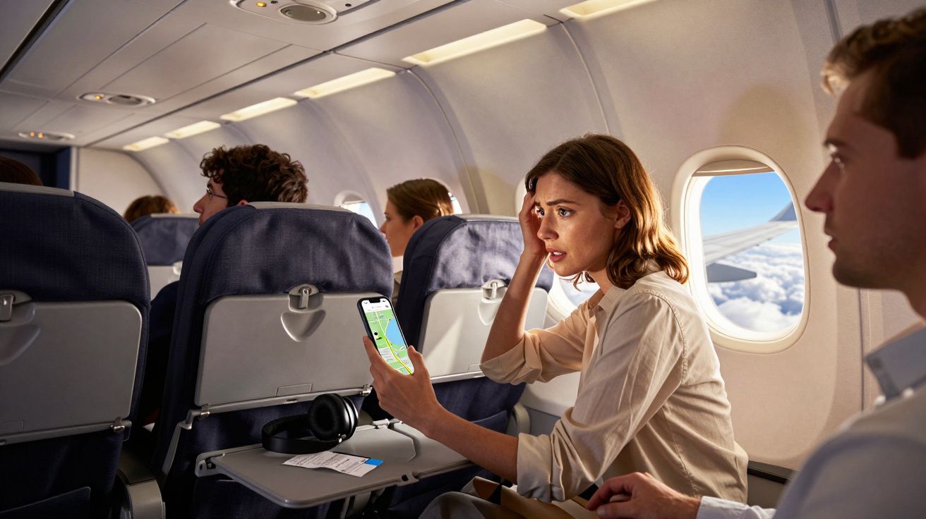 Mulher preocupada consulta mapa no telemóvel sentada numa fila do avião, com janelas e outros passageiros ao redor.