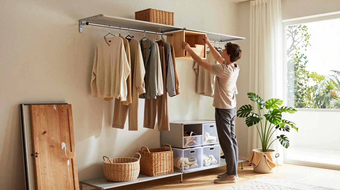 Pessoa a arrumar roupa em prateleira suspensa num quarto luminoso com plantas e cestos de arrumação.