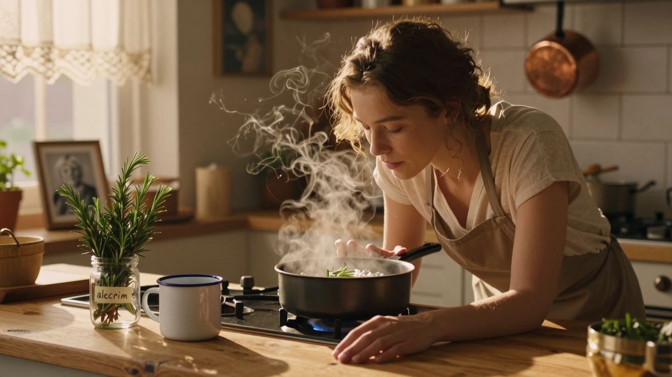 Mulher a cheirar ervas frescas enquanto cozinha numa panela a lume brando numa cozinha iluminada.