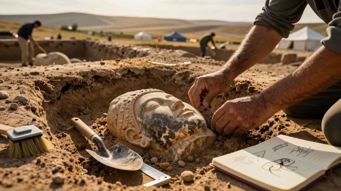 Escavação arqueológica a descobrir uma cabeça de escultura antiga no meio da terra, com caderno de notas ao lado.