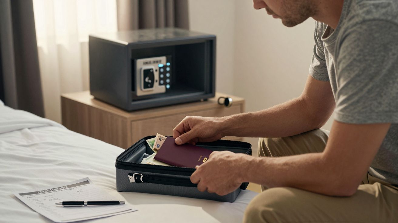 Homem a guardar passaporte e dinheiro numa mala perto de cofre aberto numa mesa de cabeceira.