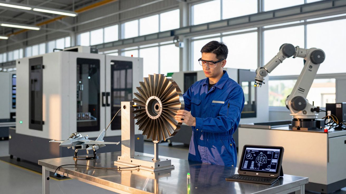 Engenheiro ajusta peça de turbina numa bancada com maqueta de avião e equipamento tecnológico numa oficina moderna.