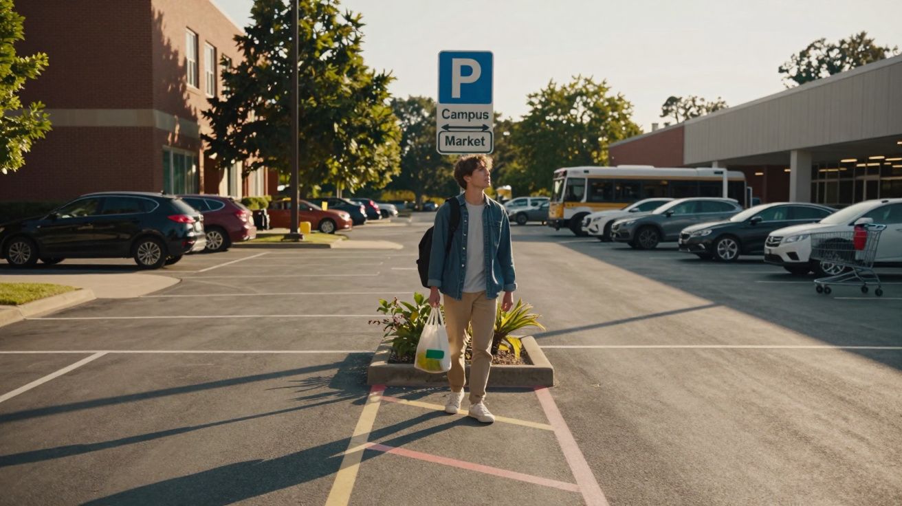 Jovem com mochila e saco caminha num parque de estacionamento de campus universitário ao final da tarde.