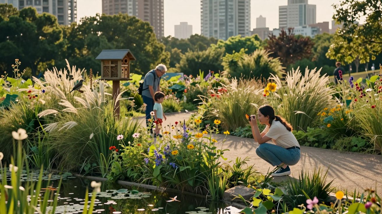 Jardim urbano com flores, lago com nenúfares e pessoas a observar a natureza num dia ensolarado.