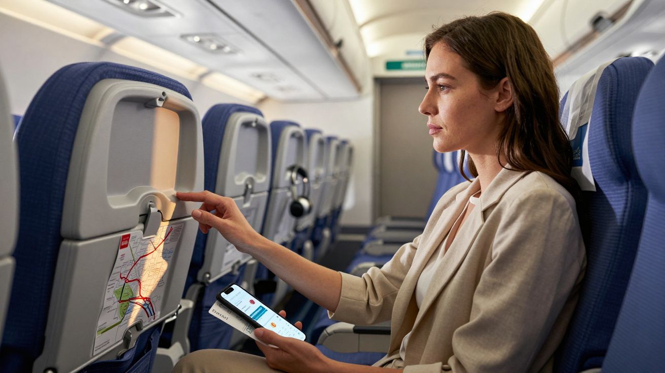 Mulher sentada num avião segura telemóvel e aciona luz de leitura no assento da frente.